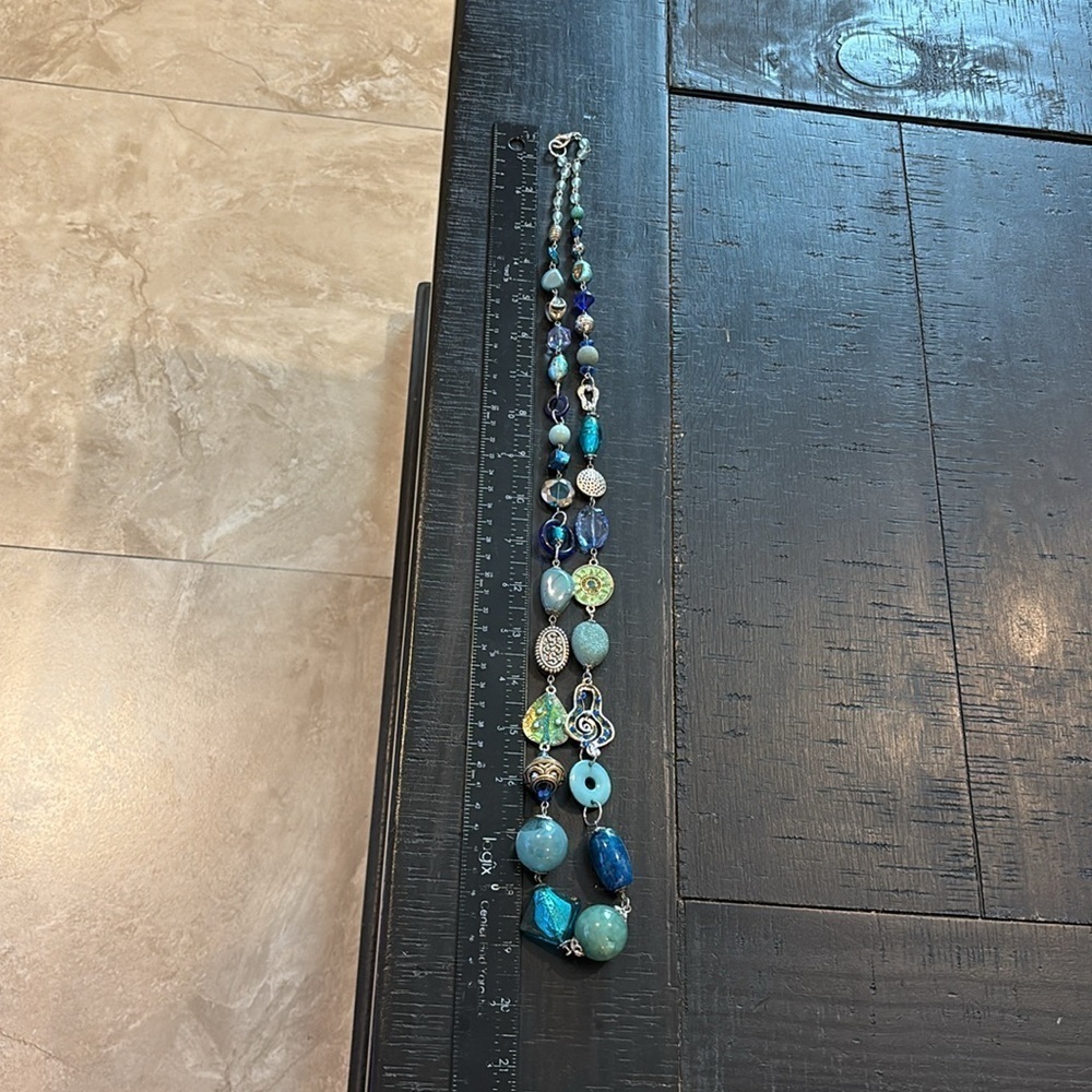 Blue Dichroic Glass Acrylic Stone Silver Beaded Long Enamel Beaded Necklace​ - Picture 6 of 8